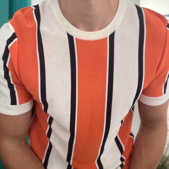Striped Orange and White Men's Shirt - Picture 2 of 3